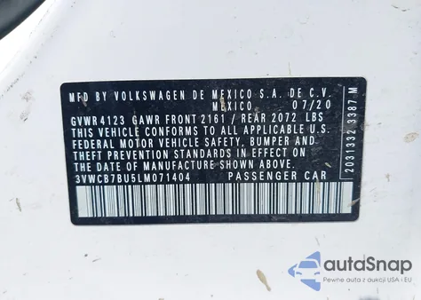 2020 Volkswagen Jetta 1.4T R-Line/1.4T S/1.4T Se z USA, uszkodzony, nr VIN 3VWCB7BU5LM071404